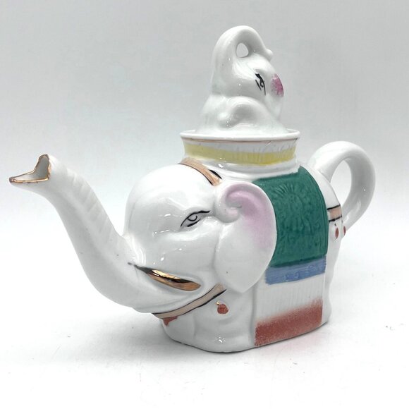 Vintage Elephant Porcelain Ceramic Teapot And Baby Elephant Calf Lid Gold Accent - Picture 7 of 16